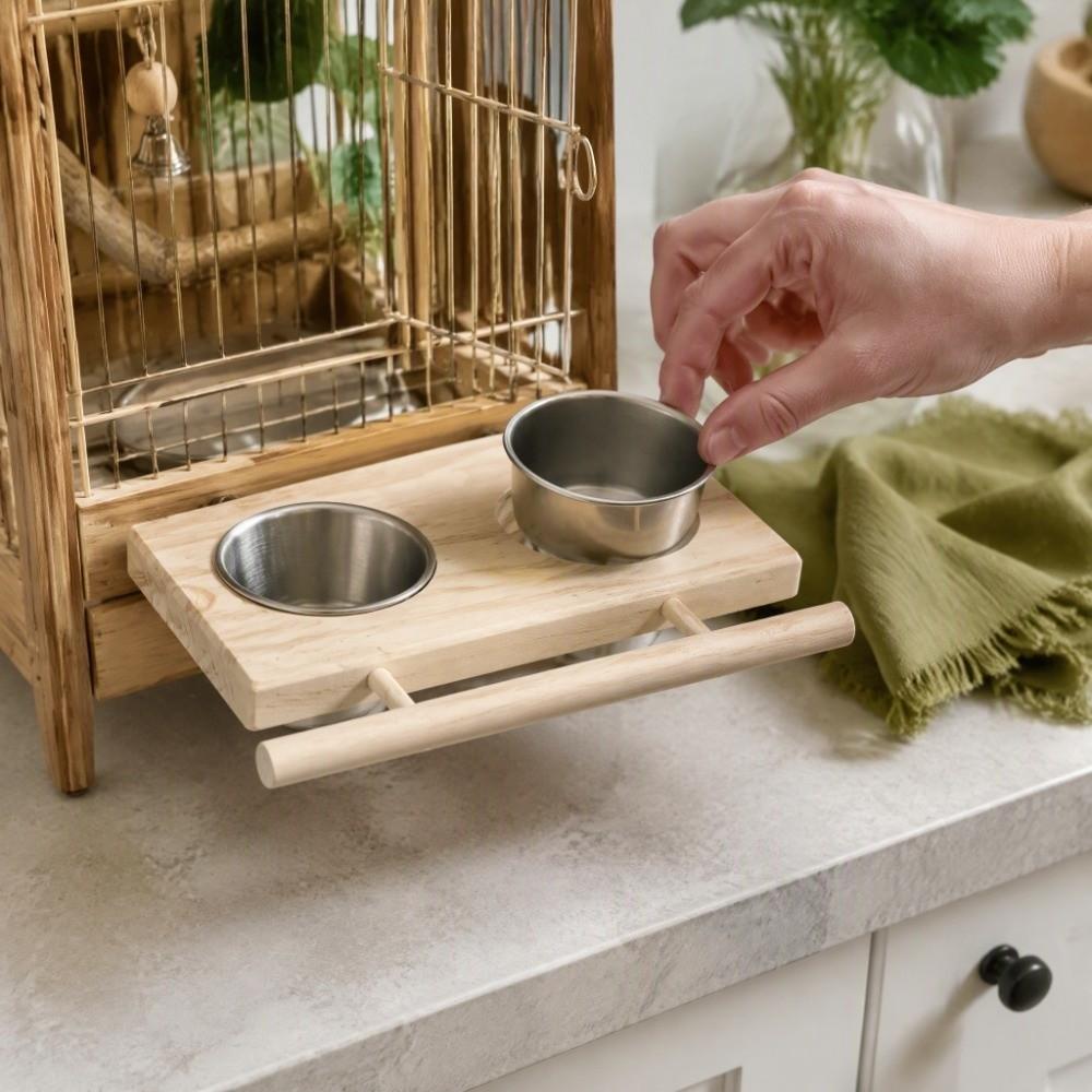 Double Bowl Bird Feeder Accessory Wooden Perch Stainless Steel Food Cup  For Parakeets