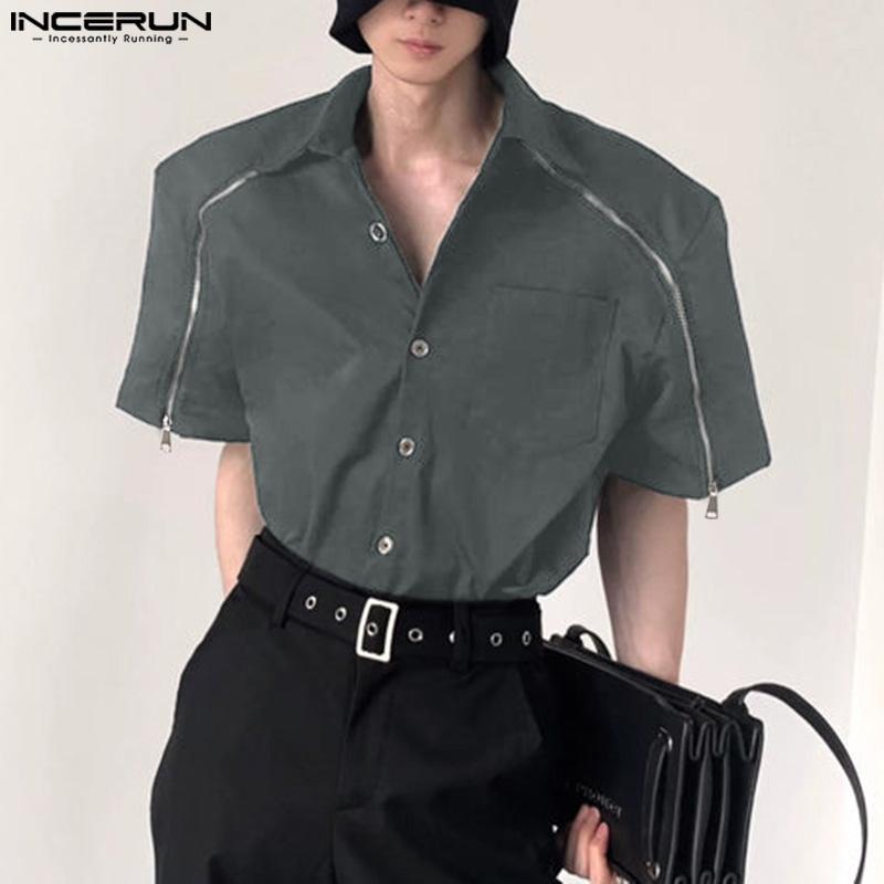 INCERUN Bărbați de vară cu mânecă scurtă și fermoar, casual, supradimensionat, lejer, cargo topuri