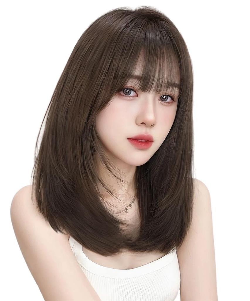 AISIHAIR Wig Medium Brown Straight Full Wig Long Small Face Natural Harajuku Style Fluffy Net Wig Brown Semi-Long