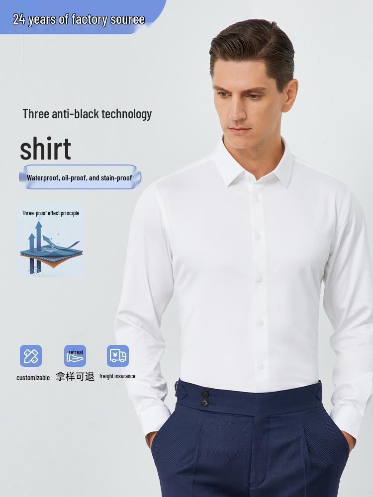 Men's Pure White Non-Iron Long-Sleeve Shirt: Stain-Resistant, Stretch, Professional Business Casual