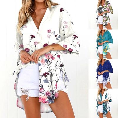 Casual Loose Women Shirts Fashion Plus Size Blouse Printing 3/4 Sleeves Buttons Shirt Women Tops