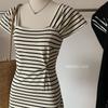 French High-end Knitted Striped Square Neck Dress for Women's Seaside Temperament Showing Thin Collarbone Sleeveless A-word Long Dress