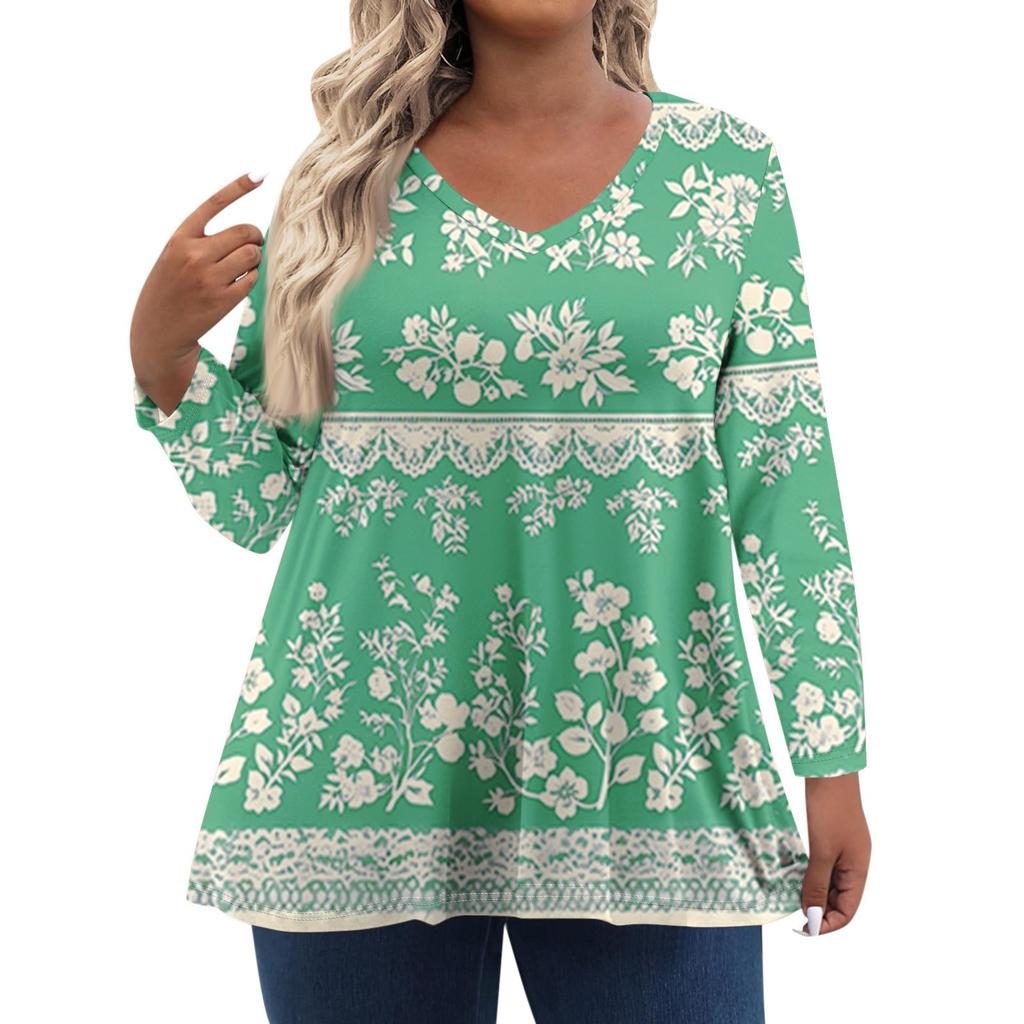 Modisches lässiges Langarm-Oberteil für Damen in Übergröße mit Blumenprint Übergröße Blumenprint-Oberteil