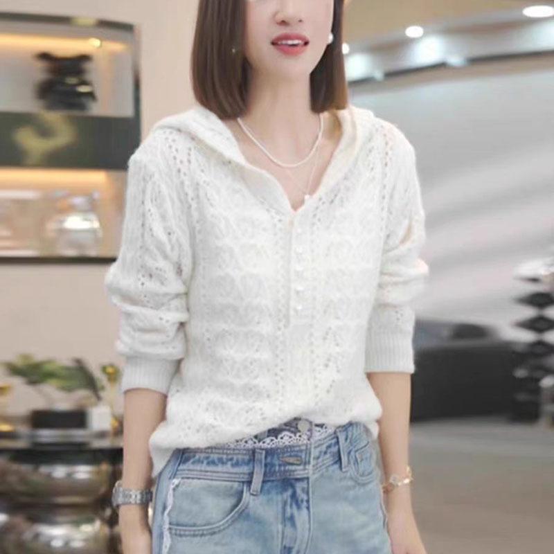 Crochet Hollowed-out Hooded Knitted Sweater Women's Autumn New Thin Sweater Lazy Wind Long-sleeved Top