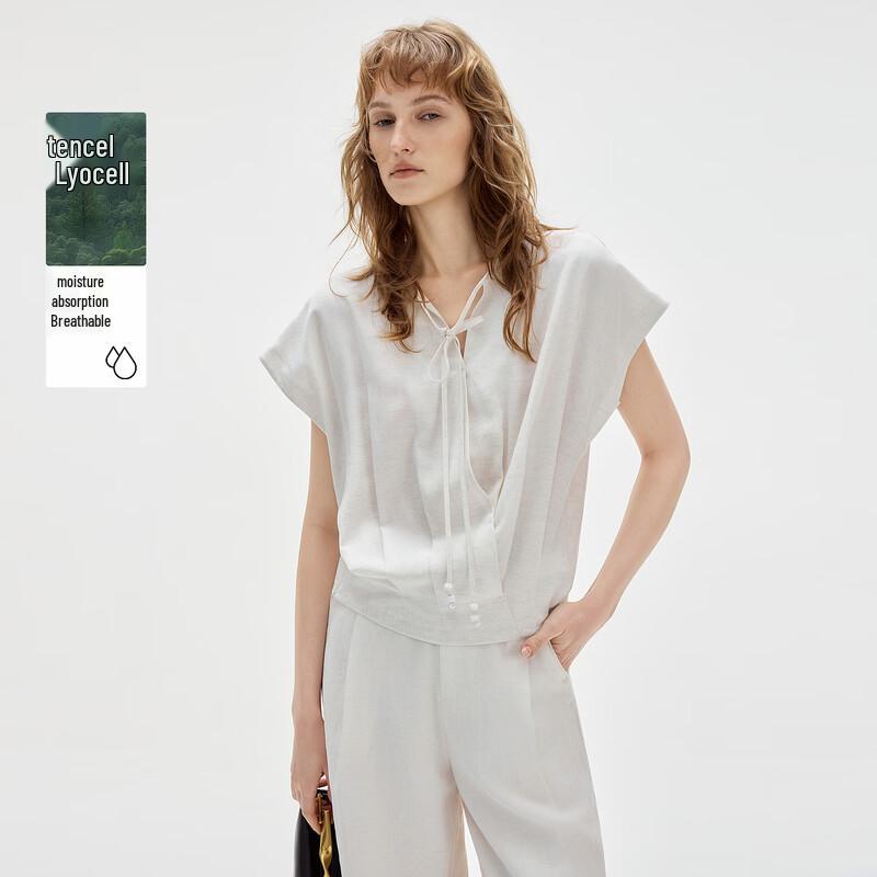 ELLE Women s Loose V-Neck Linen Blend Blouse L