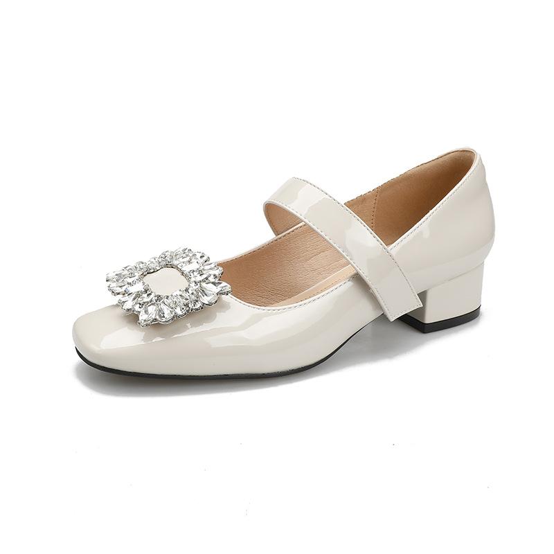 Fashion Brand Crystal Buckle High Heels Women Chunky Heel Mary Jean Pumps Leather Belt Strap Lolita Shoes Retro Ladies All Match Loafers