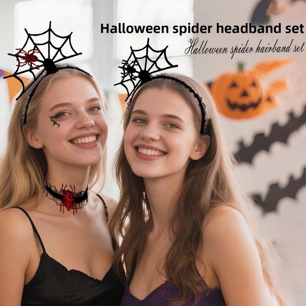 Mesh Hairband Necklace Set Ruffles Spider Web Hairband Personality Halloween Headband Ladies