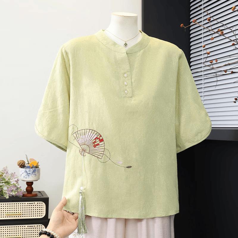 Madam Datang New Chinese Style Embroidered Stand Collar T-Shirt 3XL