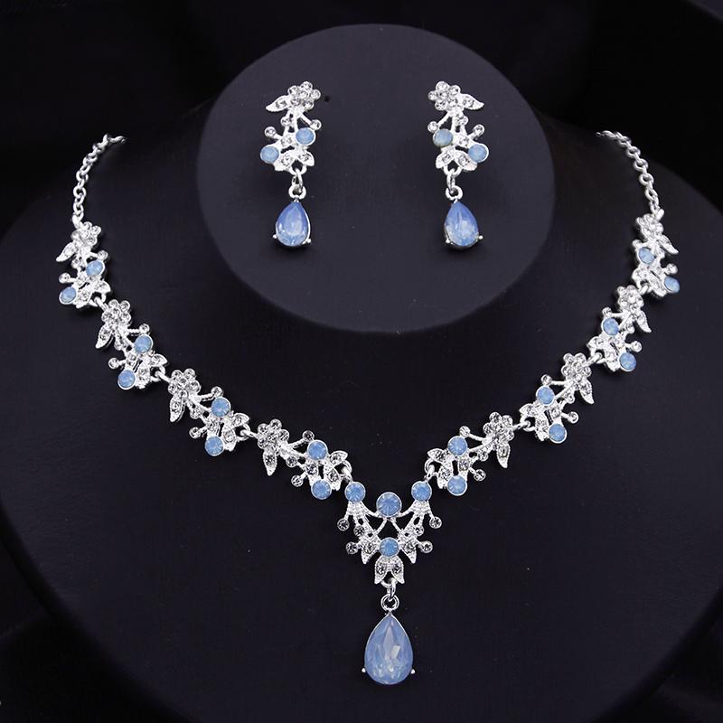 Blue Crown Bridal Jewelry Sets for Women Opal Tiara Necklace Earrings Sets Prom Wedding Bride Jewelry Costume Accessories