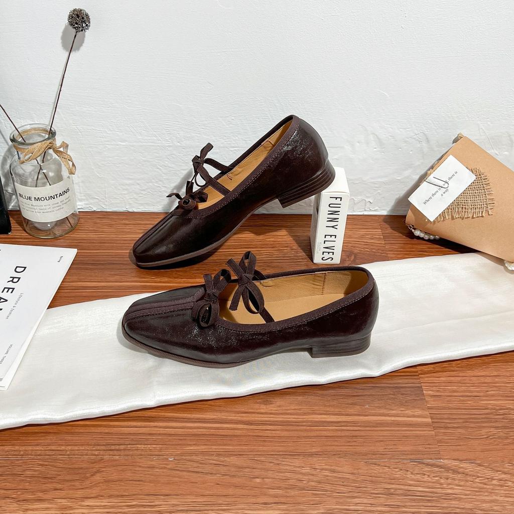 Cowhide version~ French ballet shoes women's niche temperament square head single shoes women's thick heels are not tired of feet temperament Mary Jan