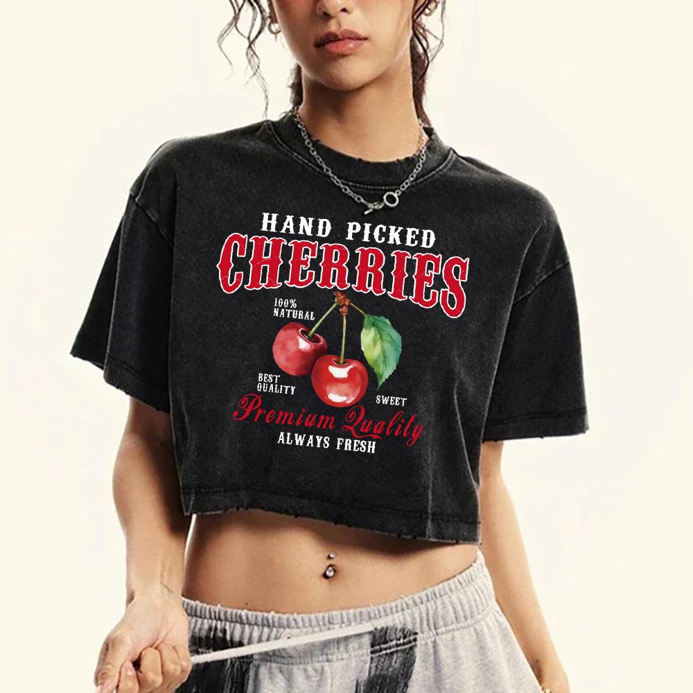 

Вишни ручной сборки Всегда свежие принты Выстиранная футболка Женская Ретро Спорт Короткий рукав Летние футболки Одежда Футболка M