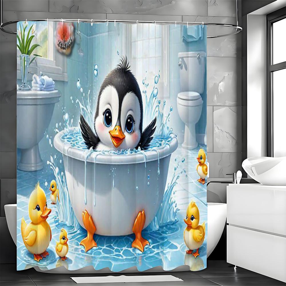 Cute little penguin bathing yellow duck shower curtain, bathroom decorative shower curtain, waterproof shower curtain with hooks
