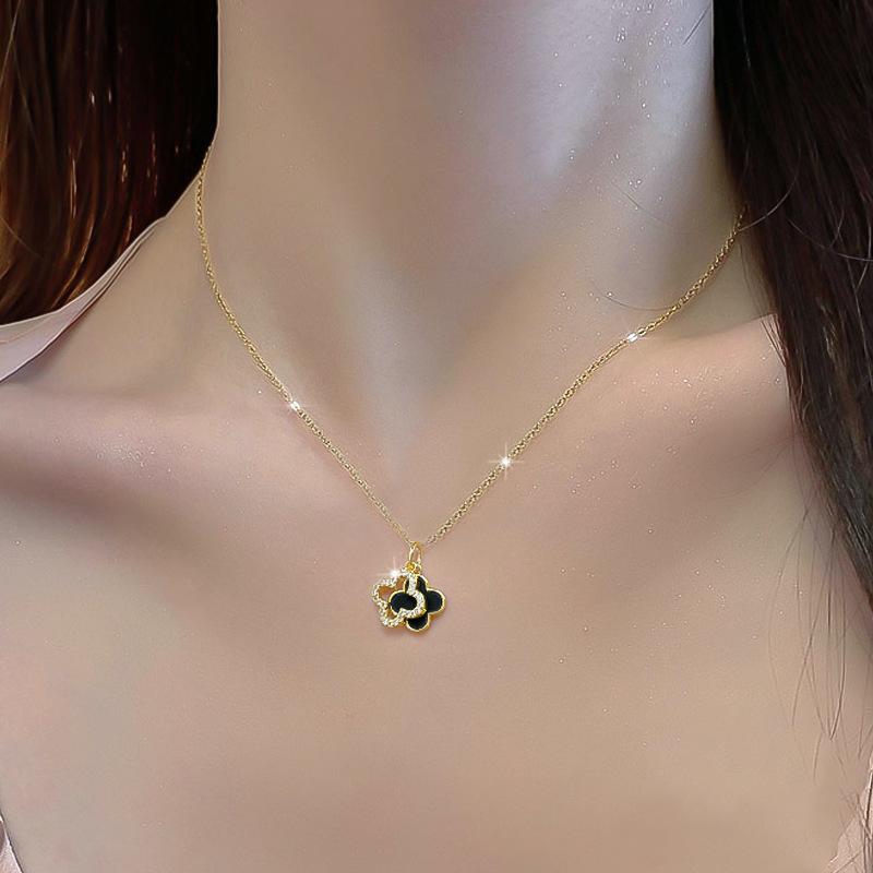 New Diamond-Encrusted Four-Leaf Flower Necklace Femininity Girl High-End Double-Sided Shell Collarbone Chain Explosion