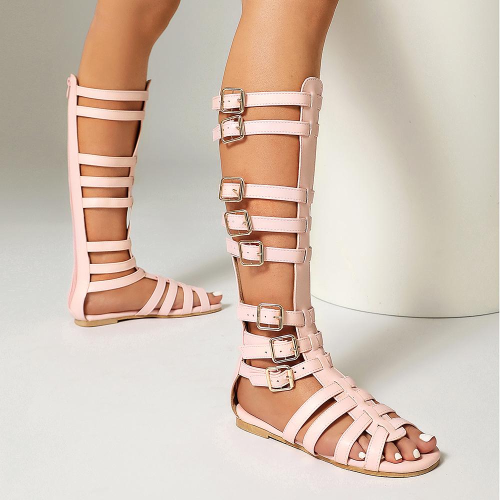 Calf High Women Gladiator Sandals Flat Heel Lady Party Shoes Large Small Plus Size 30 48