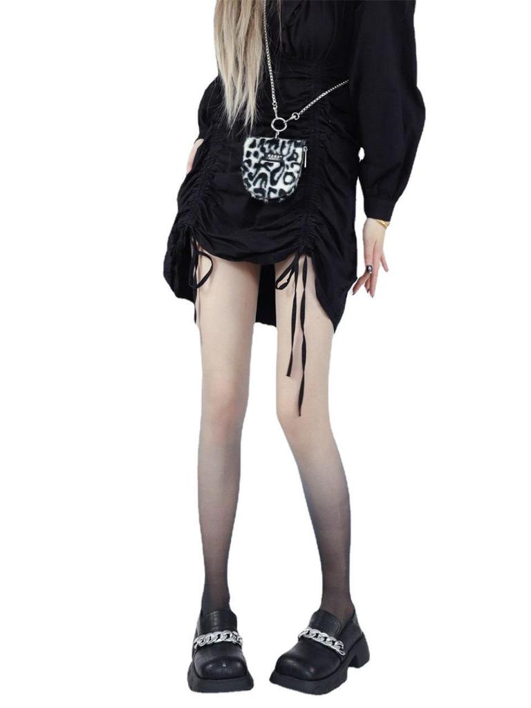 Lolita Stil Vita & Persika Gradient Strumpbyxor - Rosa och Svart Silkesfärg, Tunna med Kjol, Ren Åtrå.