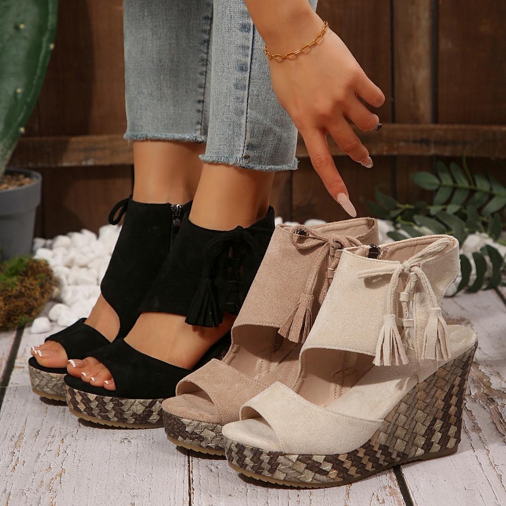 Large Size European and American Wedge Heel Sandals Women's Spring and Summer Fringed High Heel Fish Mouth Platform Women's Shoes Muffin Sole Shoes