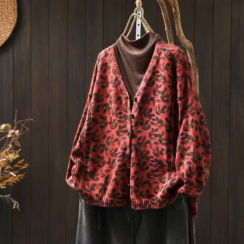 

Johnature Женские Винтажные Свитера с Принтом Листьев V-образный Вырез Длинный Рукав Вязаные Повседневные Осенние Свободные Мягкие Свитера One Size красный