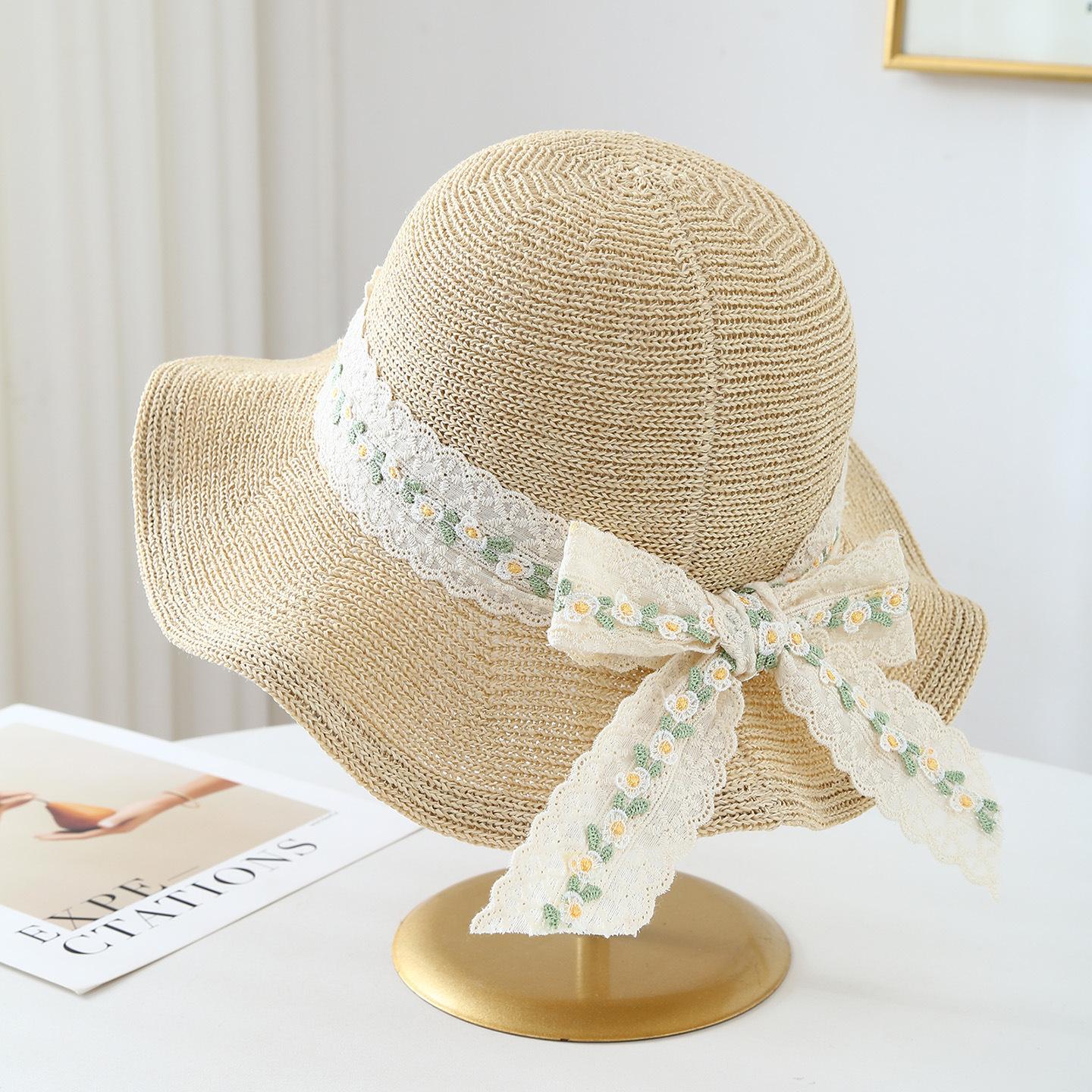 

Adult Women s Knitted Fisherman Bucket Hat with Green & White Floral Ribbon Windproof Spring Summer Autumn Hat 56-58cm бежевый