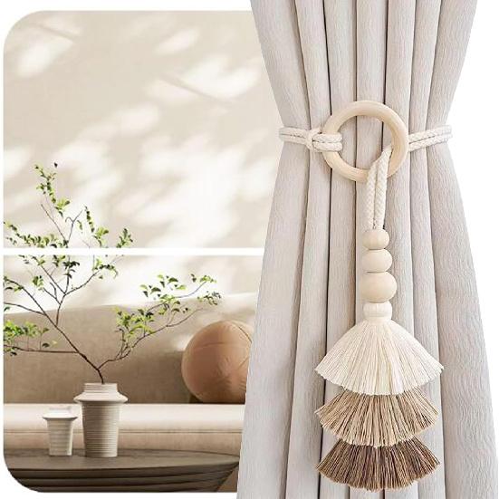2pcs Wooden Bead Curtain Tiebacks,Bohemian Curtain Clasp,Tassel Curtain Clasp, Curtain Tiebacks No Hole Punching Decorative for Bedroom Window