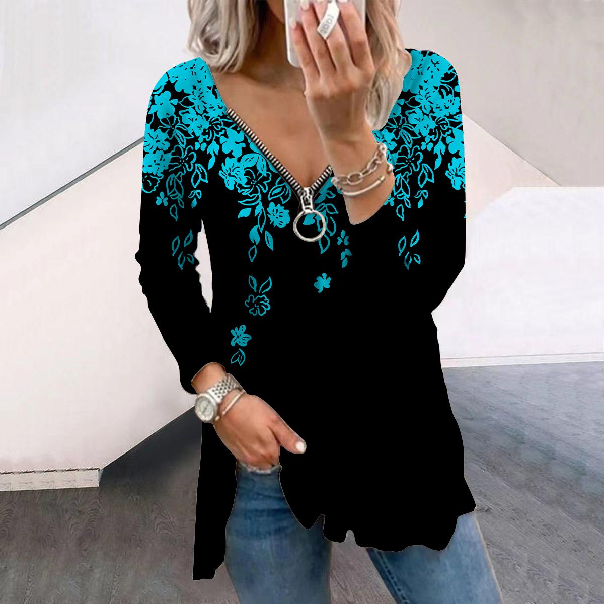 

Женские осенние цветочные белые изогнутые цветочные футболки с длинным рукавом, свободные футболки с V-образным вырезом больших размеров, удобные блузки 8XL светло-синий