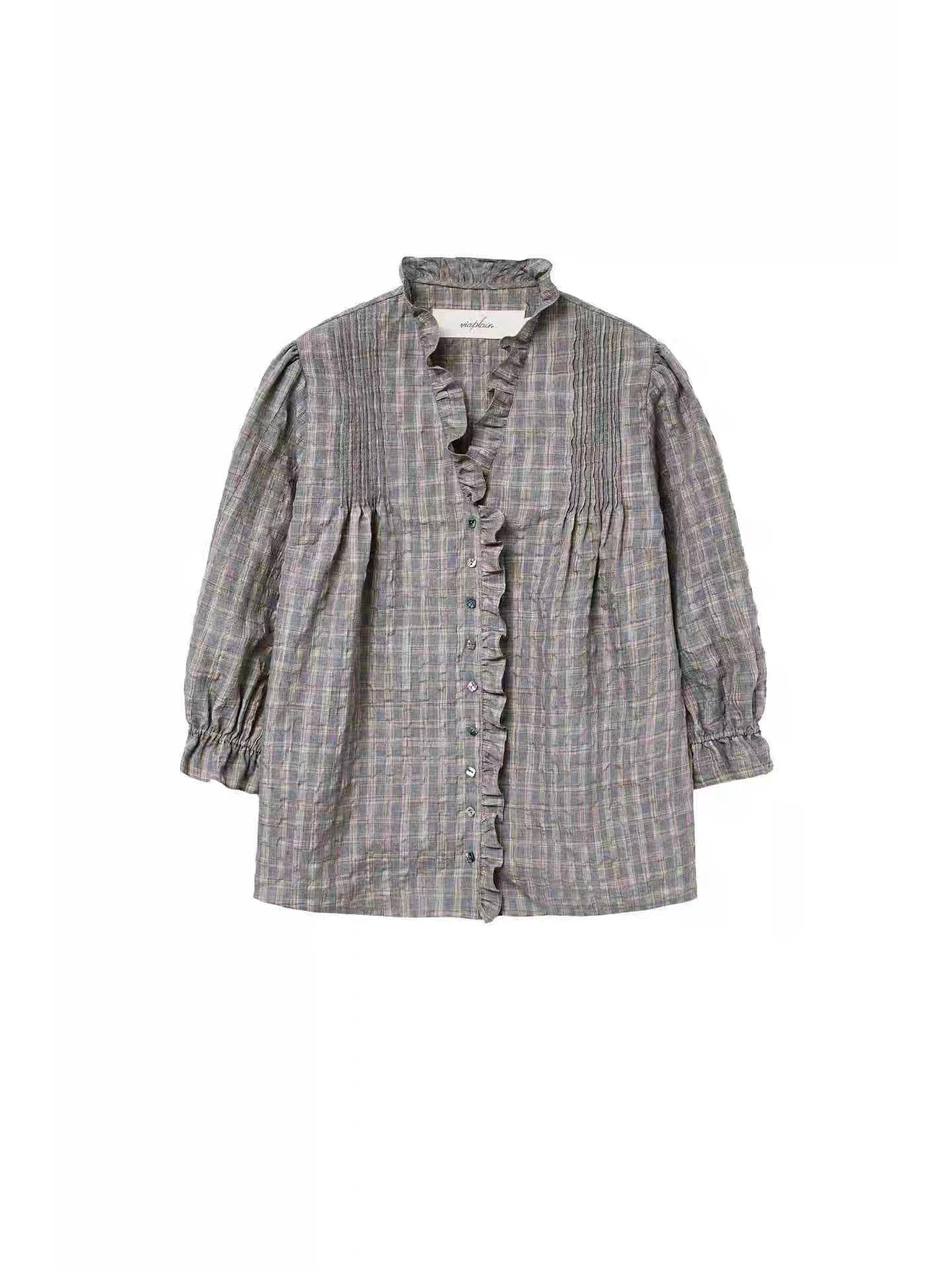 Available: Viaplin Women s V-Neck Plaid Shirt with Ruffled Collar & Pleated Lace - Korean Style Design One Size