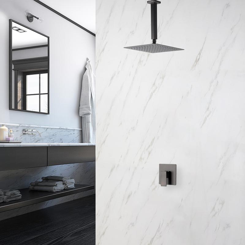 Brass Wall Embed Mount Grey Color 1/2/3 Function Concealed Shower System 10 Inch Top Rain Spray Hand Shower Head Bathroom Faucet