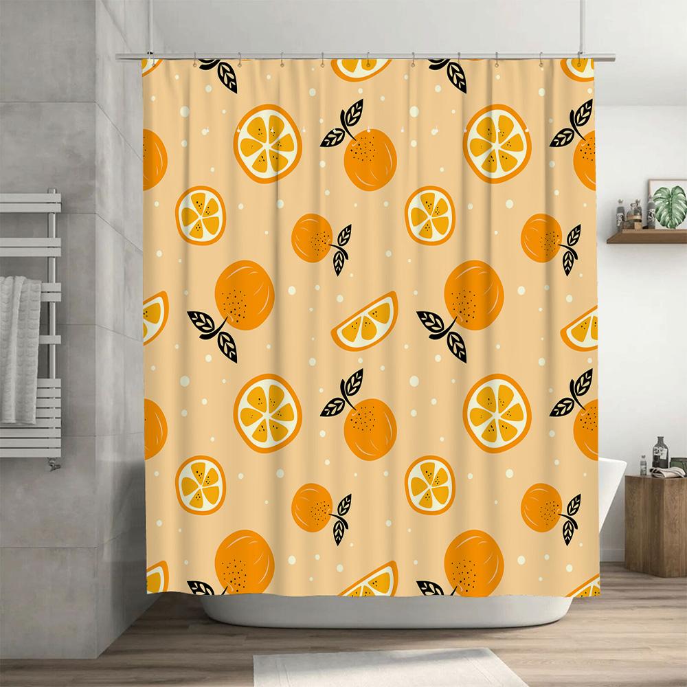 Modern Style Lemon Print Bath Shower Curtain Set for Bathroom Decor Orange Yellow Floral Pattern Made with Waterproof Polyester