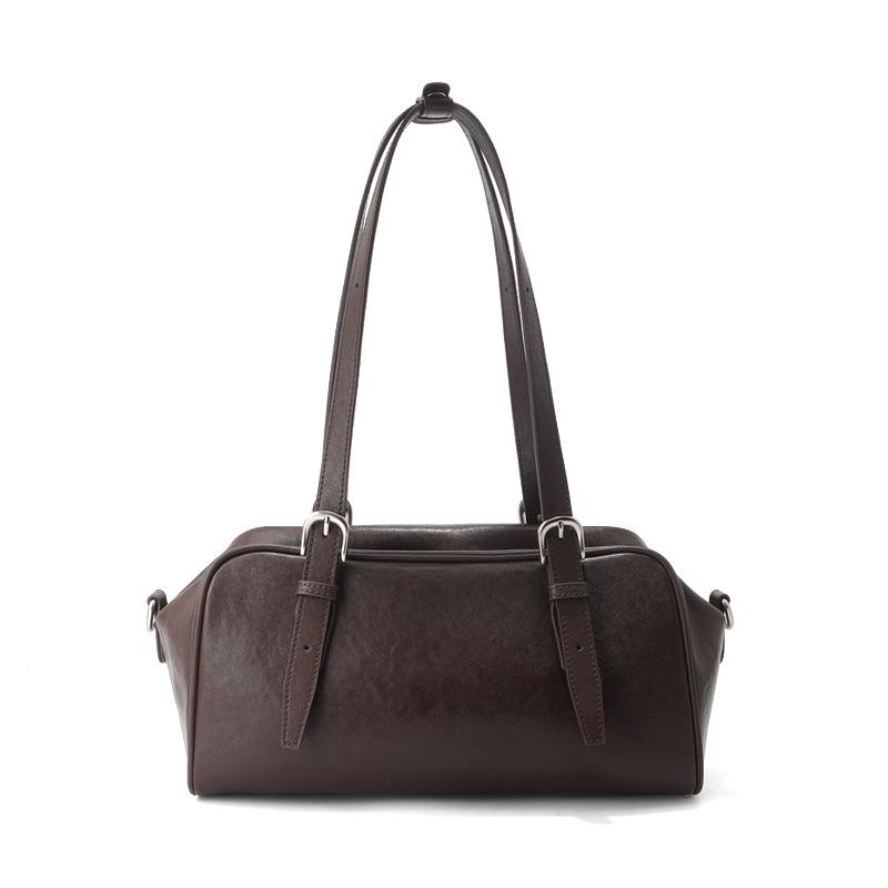 

Bowling bag women s fur leather bag cowhide yo yo casual large capacity commuter Boston portable messenger shoulder bag 28x13x15cm темно-коричневого