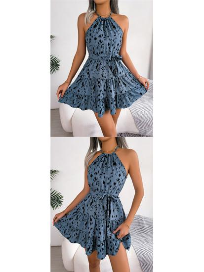 Leopard Print Ruffled Hem Halter Dress