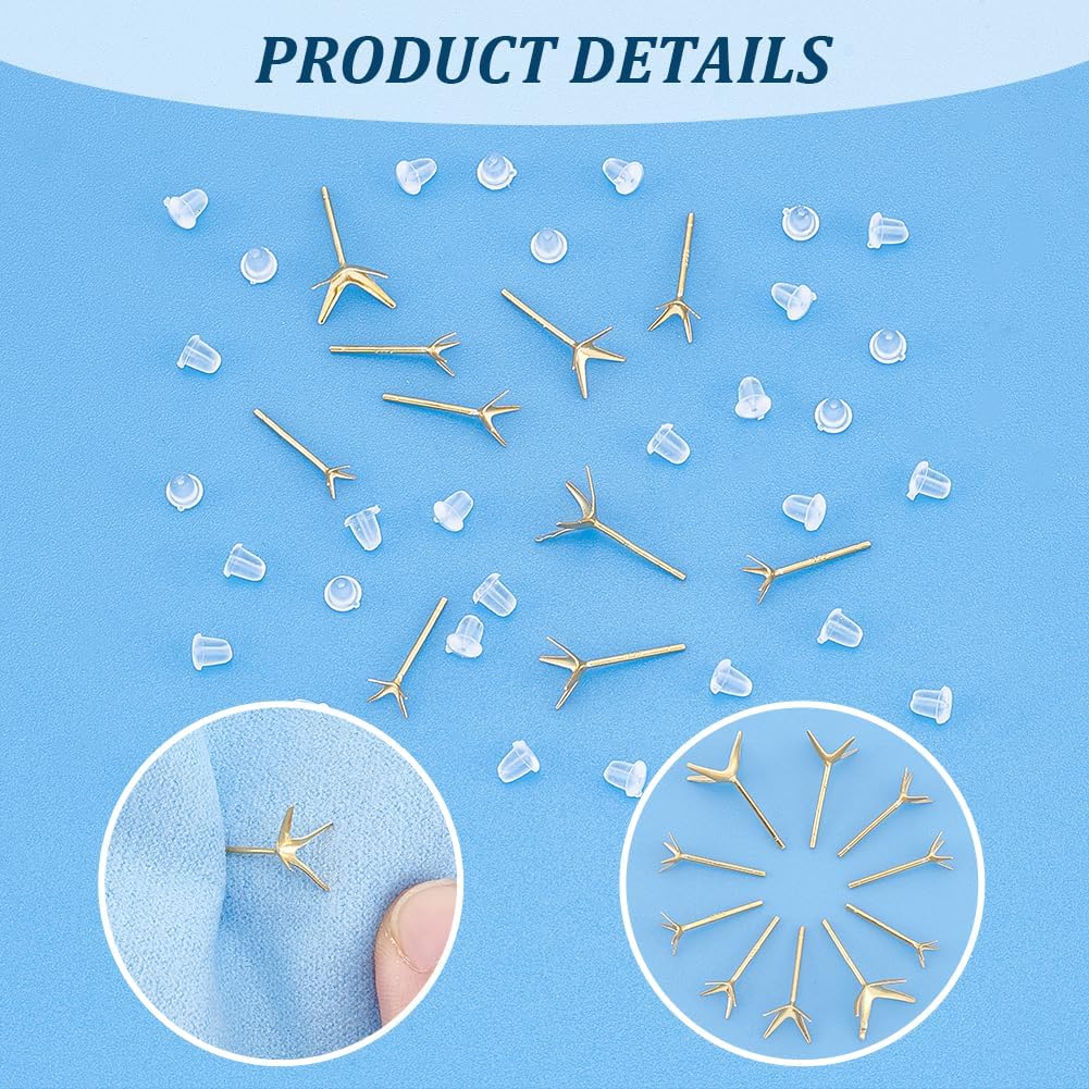 UNICRAFTALE 10Pcs 925 Sterling Silver Prong Earring Settings 5 Sizes Golden Stud Earring Findings Metal Claw Earring Posts Beads Rhinestone Component