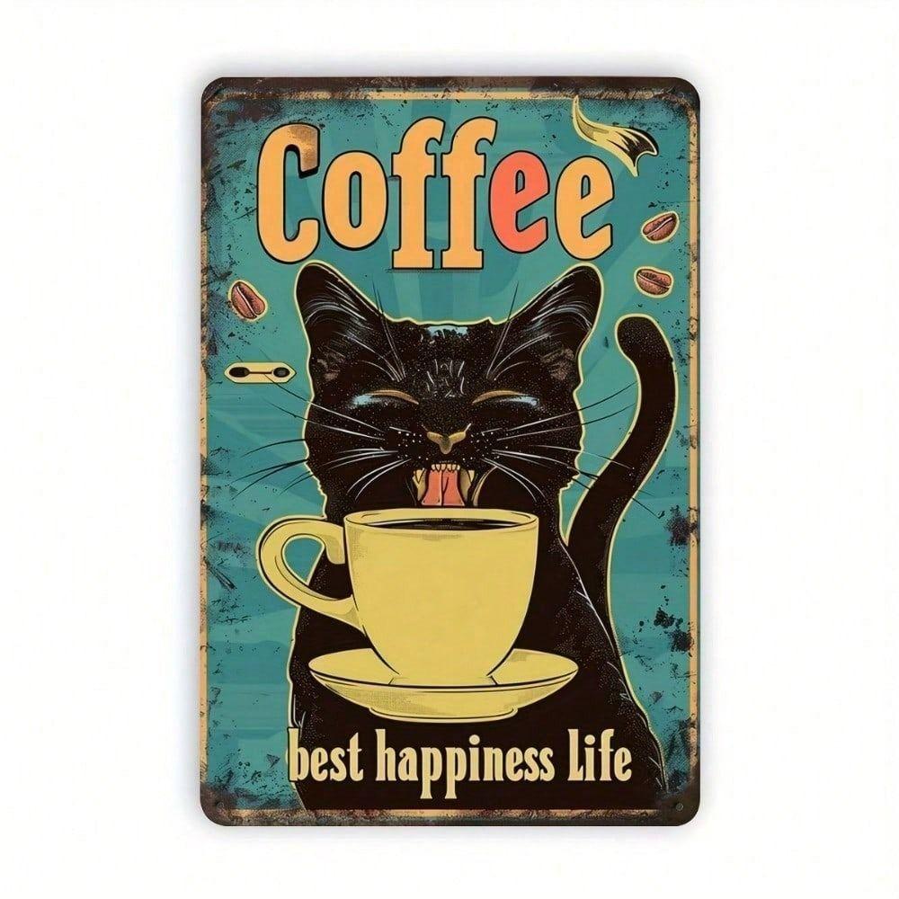 Metallposter Retro Katze mit Kaffee Vintage Bar Wandkunst