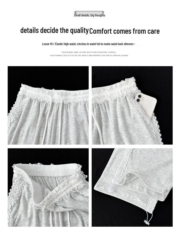 Knitted Lace Patchwork Wide-Leg Women's High-Waisted Casual Pants