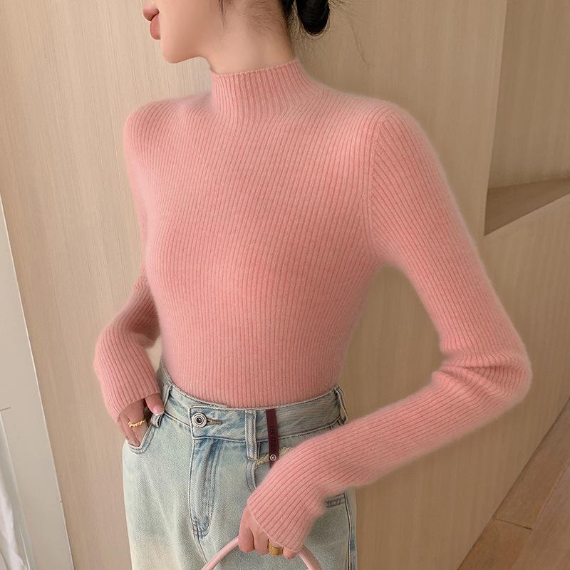 Women's Angora Red Slim-Fit Cashmere Sweater: New Autumn/Winter Style, Thickened Half-High Collar.