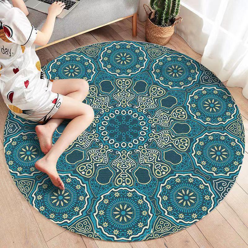 Flower Print Round Carpet Ethnic Coffee Table Anti-slip Rug Retro Home Decor Mat for Living Room Bedroom Study Terrace Area