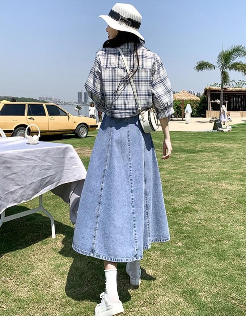SpringSwalloow Casual Flared Denim Midi Flared Straight Below the Midi for and Business Style Women's High-Waisted A-Line Skirt, Long, Length, Skirt,
