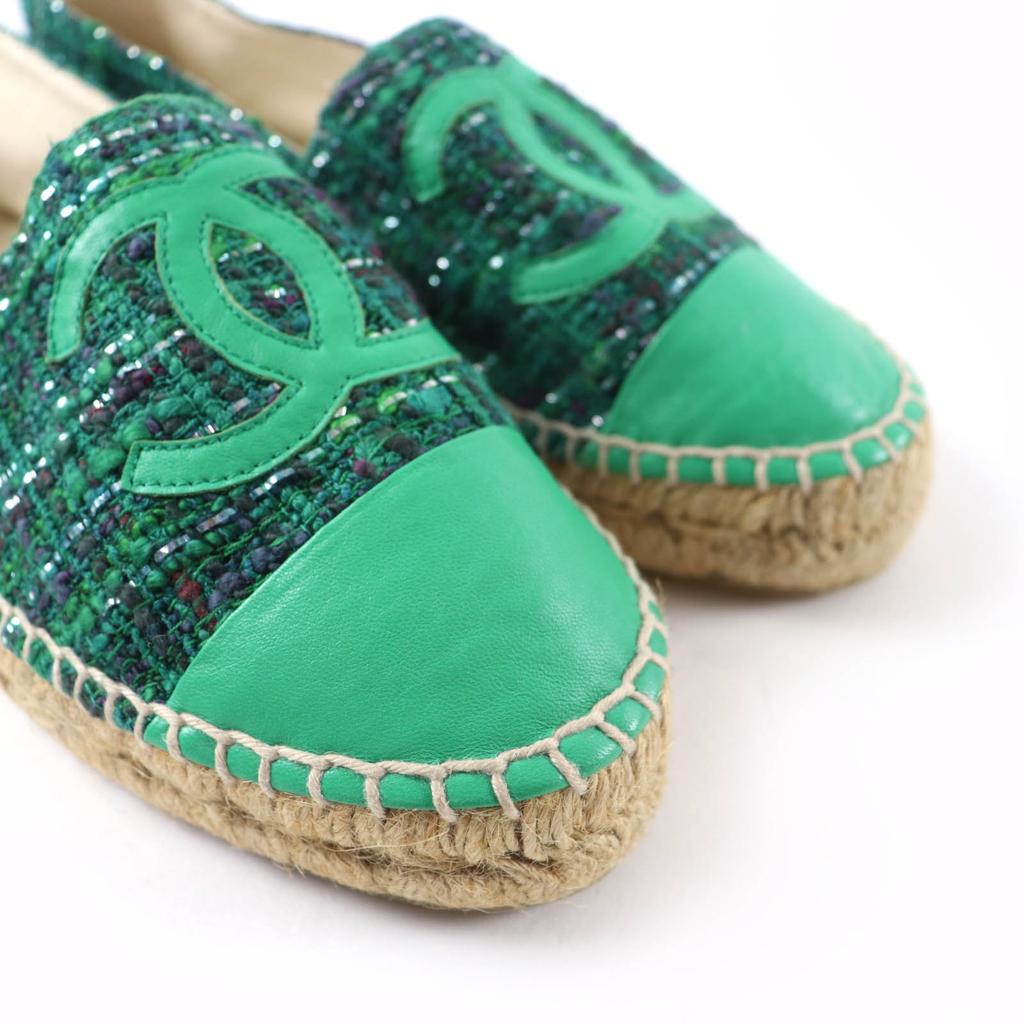 Excellent CHANEL Shoes COCO Mark Fabric Espadrilles Tweed Green Women 35 G29762 Used