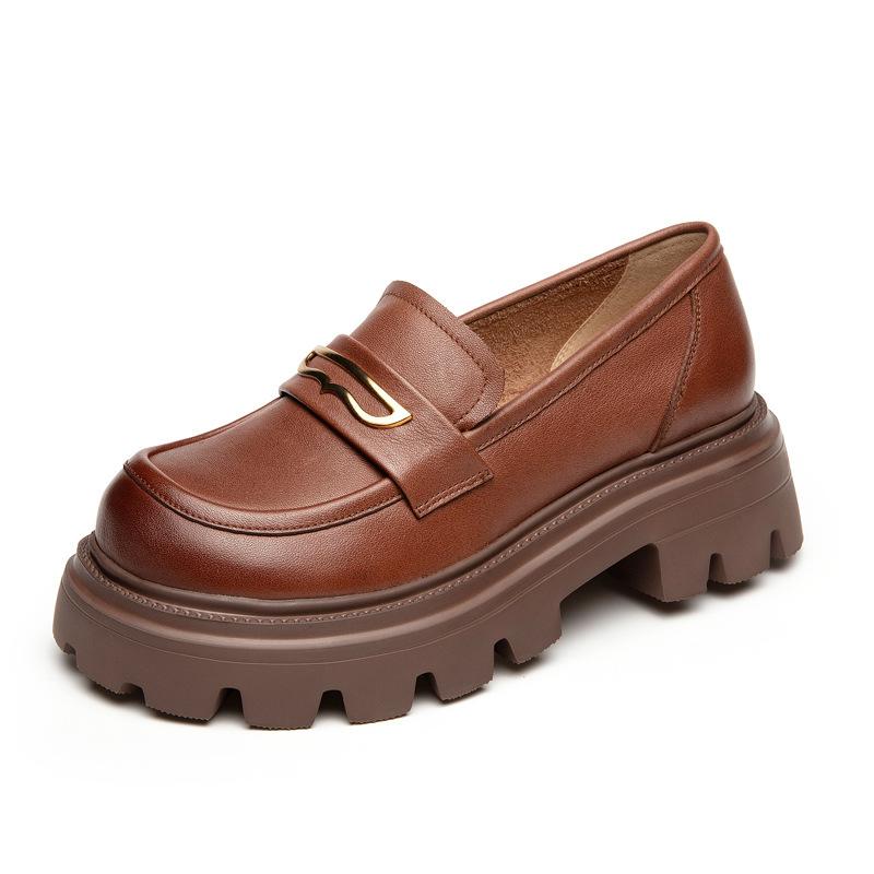 First Layer Cowhide Loafers Women's Spring and Autumn New Soft Leather British Style Foam Platform Single Shoes Women's Muffin Shoes
