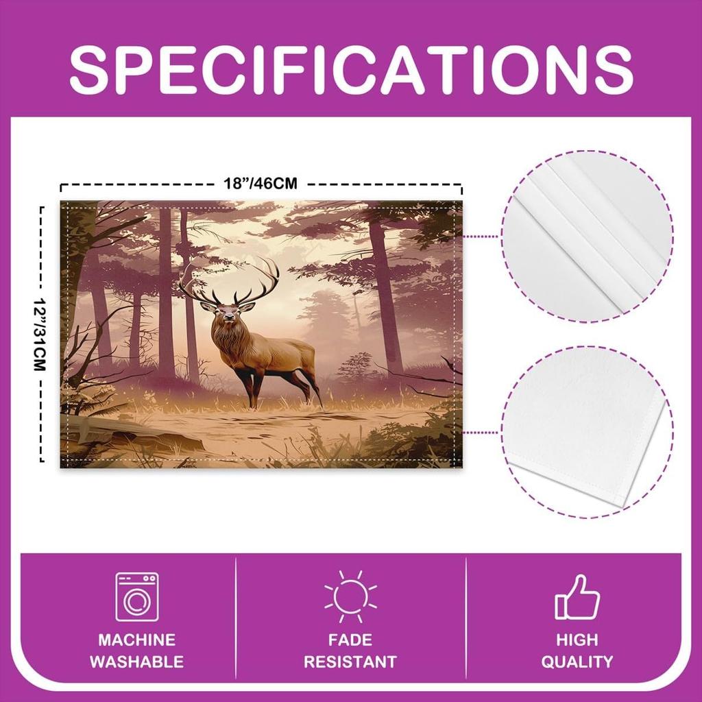 Wild Deer Placemats Set of 4 Rustic Cabin Country Lodge Table Place Mats for Kids Boys Girls Teens Adventure Placemat
