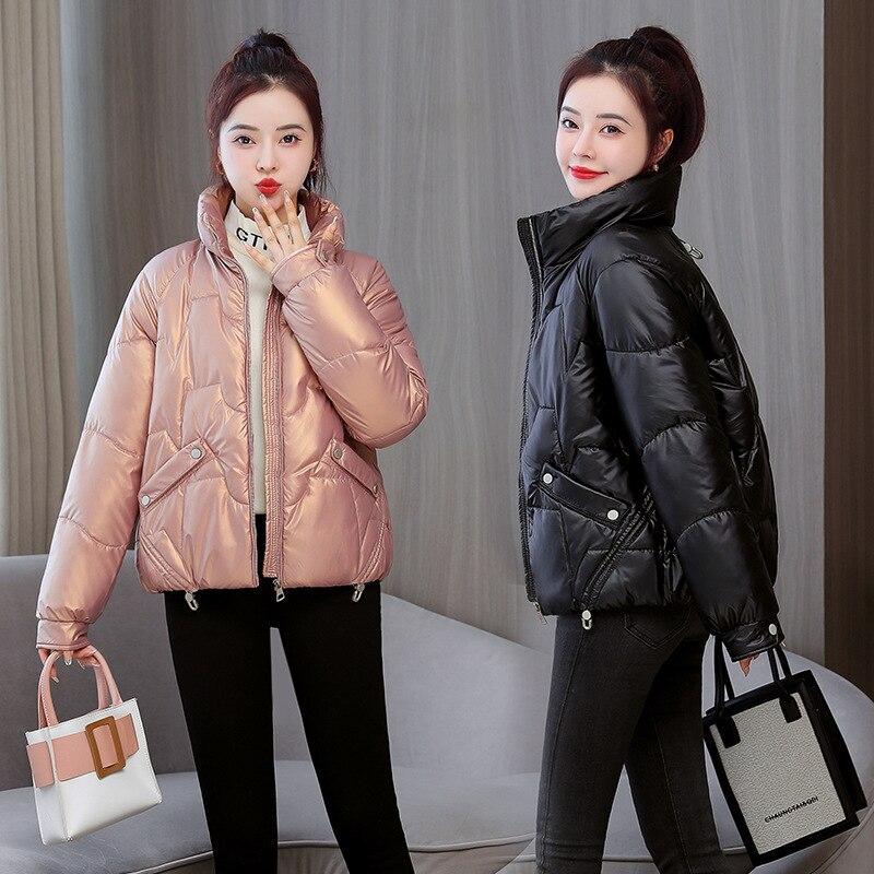 

Женщины Осень Зима Стенд Воротник Большой Карман Глянцевый Короткий Пальто Outwear Пуффер Куртка Хлопок Мягкая Parkas