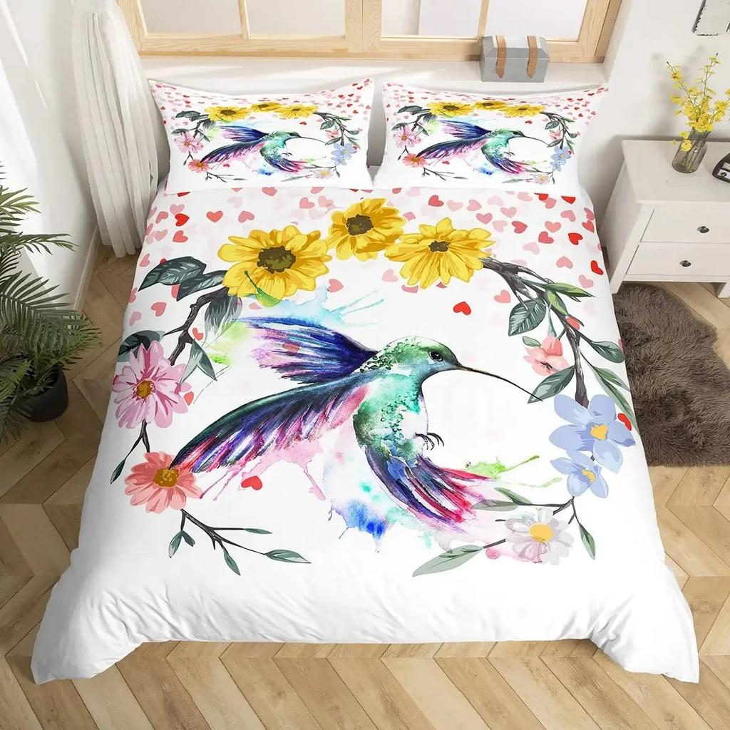 Hummingbird Duvet Cover Set Full Size Girls Garden Birds Farmhouse Flower Floral Bedding Set Hummingbird Lovers Comforter Cover