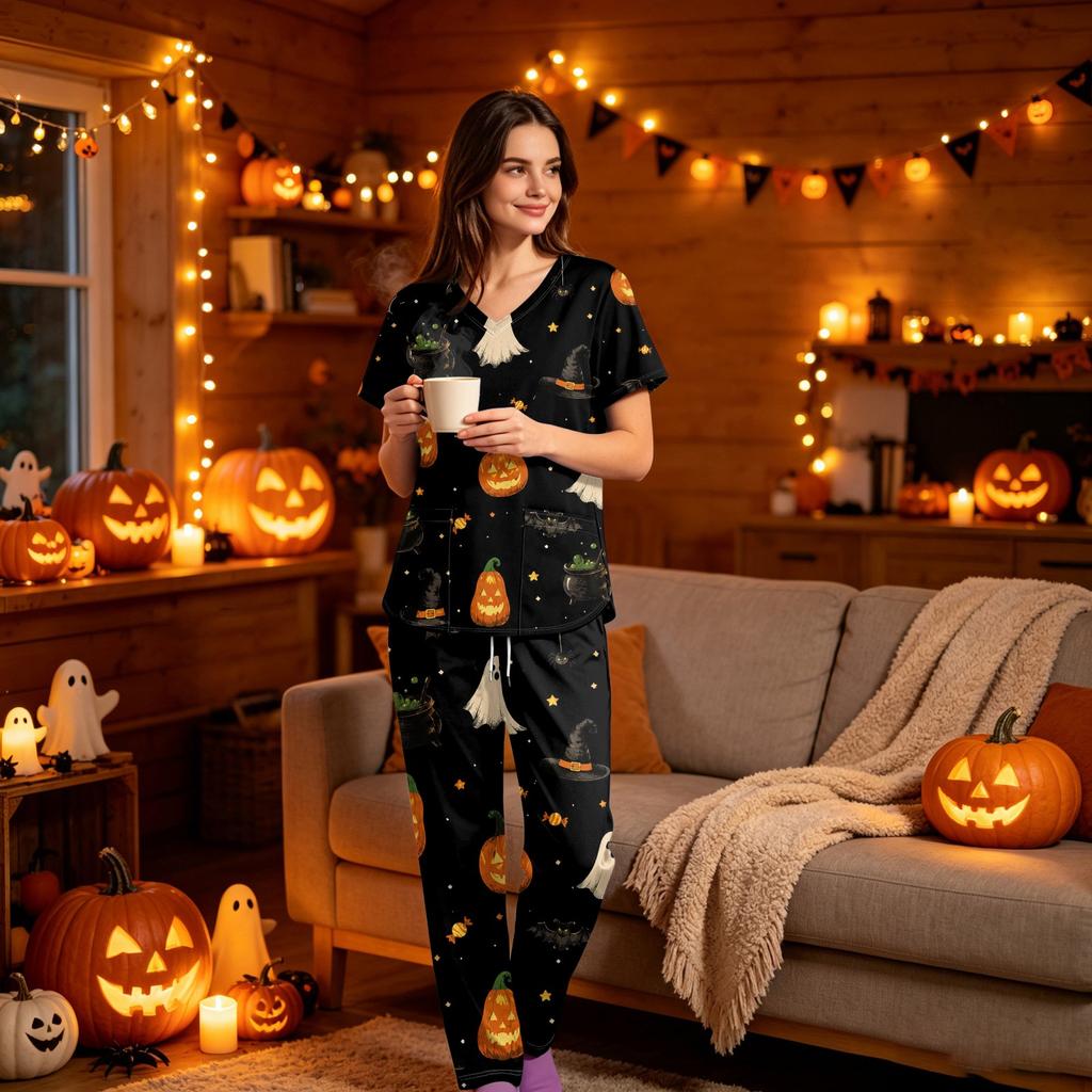 Women's V-Neck Short Sleeve Scrub Top and Pants Set with Pockets, Halloween Print Uniform 2-Piece Set