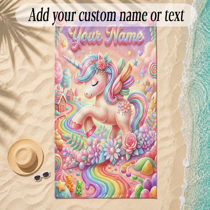 Unicorn Theme Soft Beach Towel Personalized Custom Name Text Towel Portable for Beach Pool Travel
