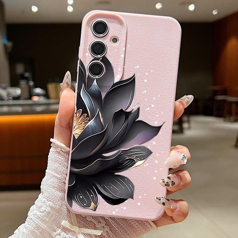 Black Lotus Pattern Case For Samsung Galaxy S24 S25 Ultra Edge S23 Plus S22 S21 FE A34 A54 A15 A35 A55 A16 A26 A36 A56 5G Capa