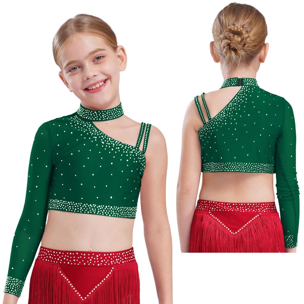 Einzigartiges unregelmäßiges Schulter-Tanzoberteil für Mädchen, Funkelndes Strass-Crop-Top Bühnenauftritt & Wettkampf-Outfit