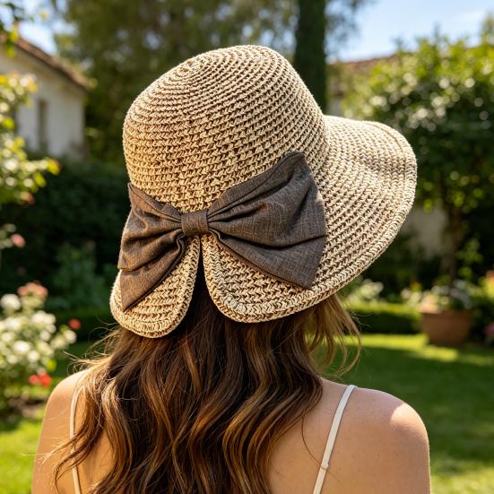 Women Beach Hat, Wide Brim Sun Protection Hat, Foldable Straw Summer Hat with Bowknot Decor, Breathable Outdoor Hat for Fishing, Travel