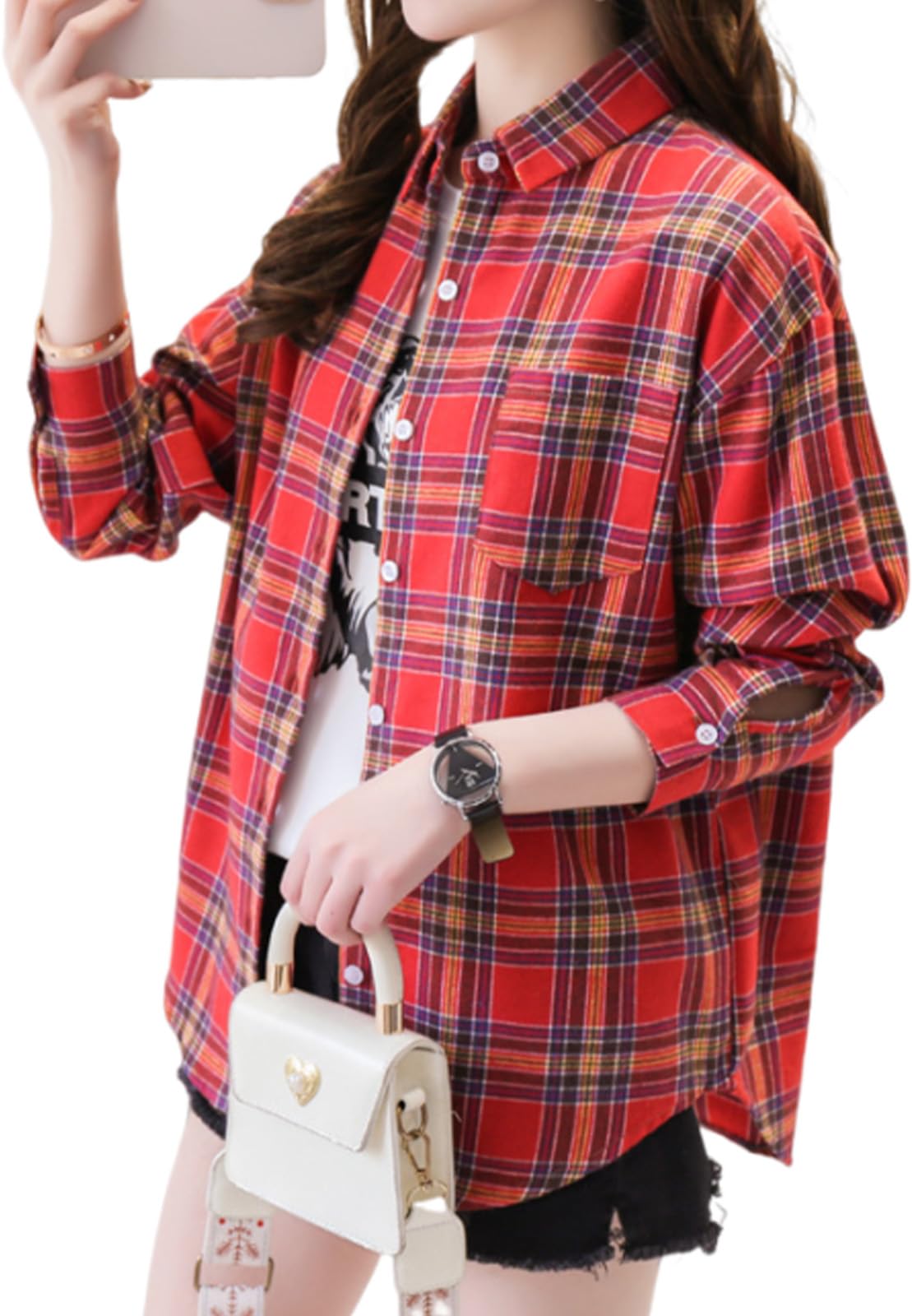 

Узор в клетку, мягкий на ощупь, для повседневного использования в Корейском стиле, легко надевать, цветной, офисный, большой, тонкий, длинный, крой и пошив, размер L, красная женская рубашка [J.STORE], одежда, весна,