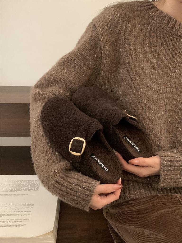 Inner Height Increase Gray Fluffy Shoes Women Wear New Thick-soled Birkenstocks with Velvet Bag Head and Half-drag Cotton Shoes In Autumn and Winter