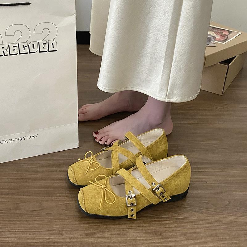 Buckle Small Leather Shoes French 2025 Vintage Spring Black Light Mouth Heightening Square Head Cross Ballet Single Shoes Women