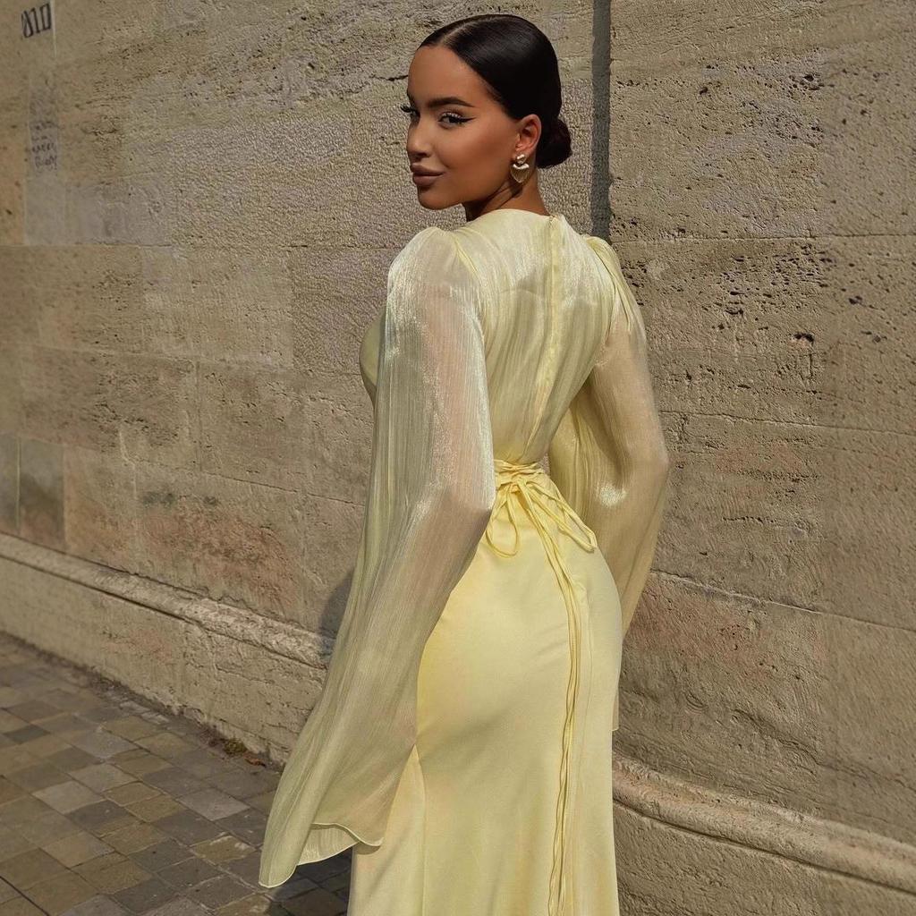 Elegant Slim Fit Satin Dress with Slit - Long Sleeve, Shiny, and Hip-Hugging for Autumn/Winter