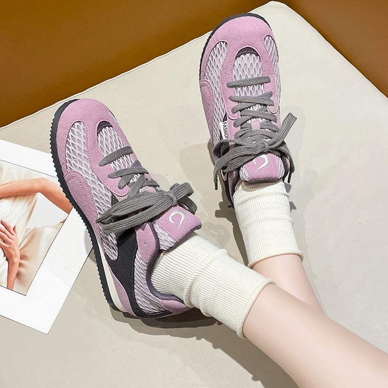Fashion Mesh Breathable Casual Flats Women Summer New Round Toe Spliced Front Lace-Up Soft Sole Versatile Retro Fishnet Single Shoes